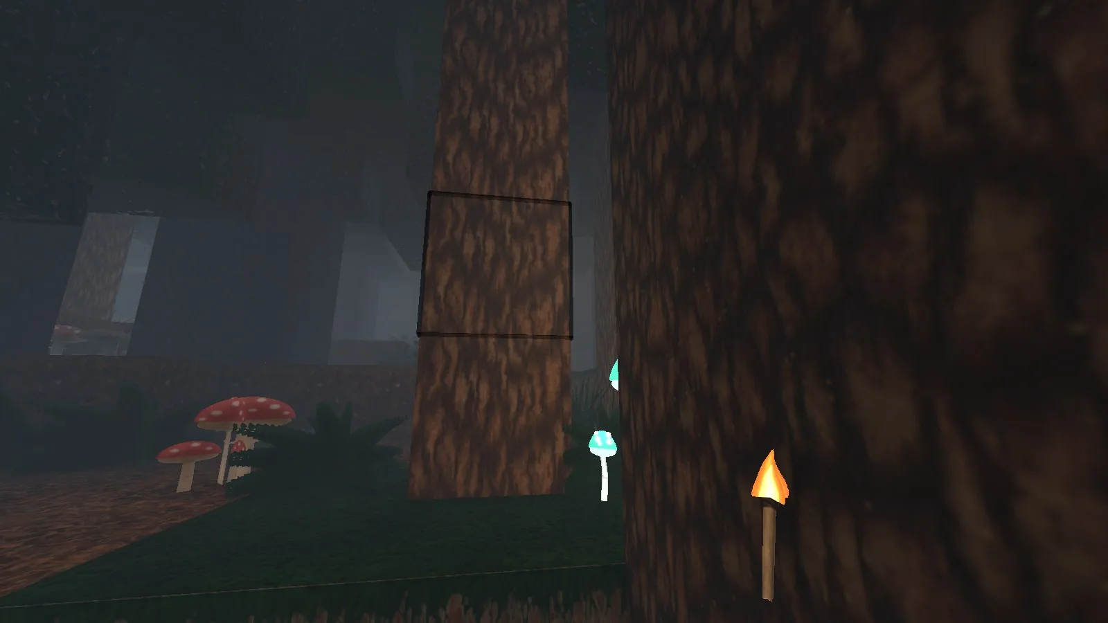 Inside a dense dark forest: thick trunks, deep shade, red toadstools and glowing glowcap mushrooms.