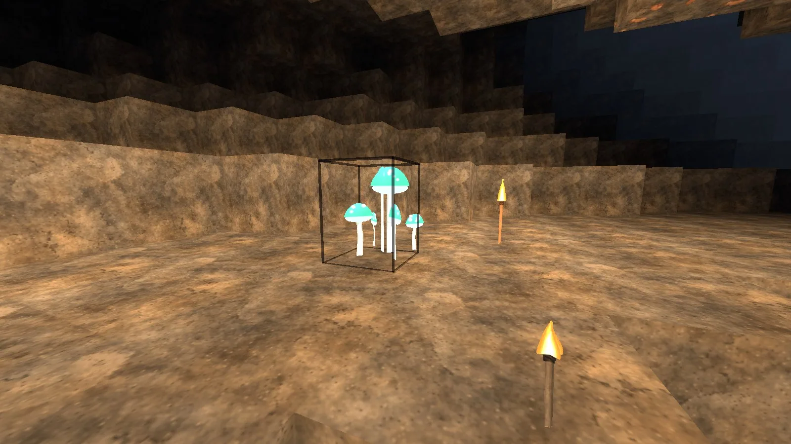 An underground cavern lit by a torch and a cluster of cyan glowing mushrooms.