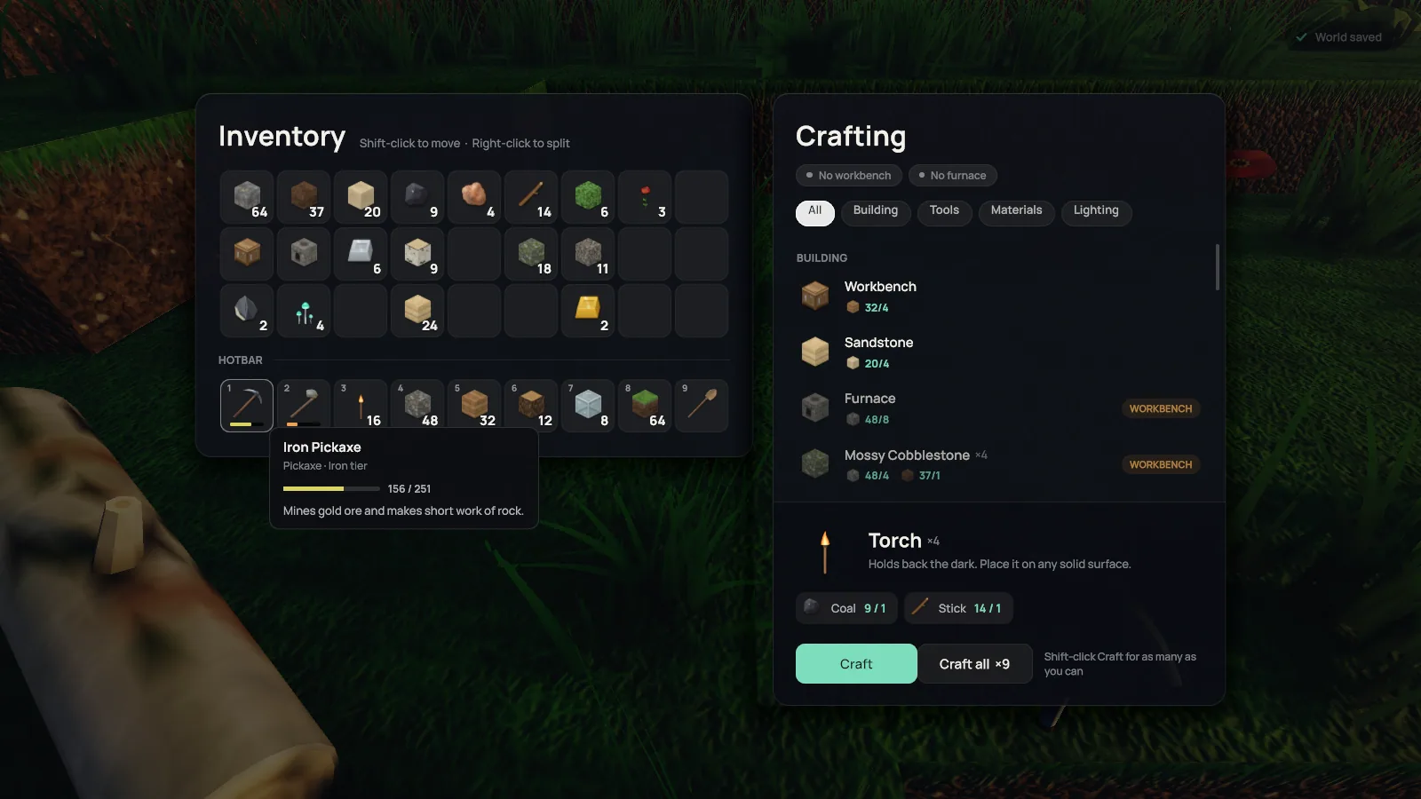 The inventory grid and hotbar beside the crafting panel, with recipes, stations and a tool tooltip.