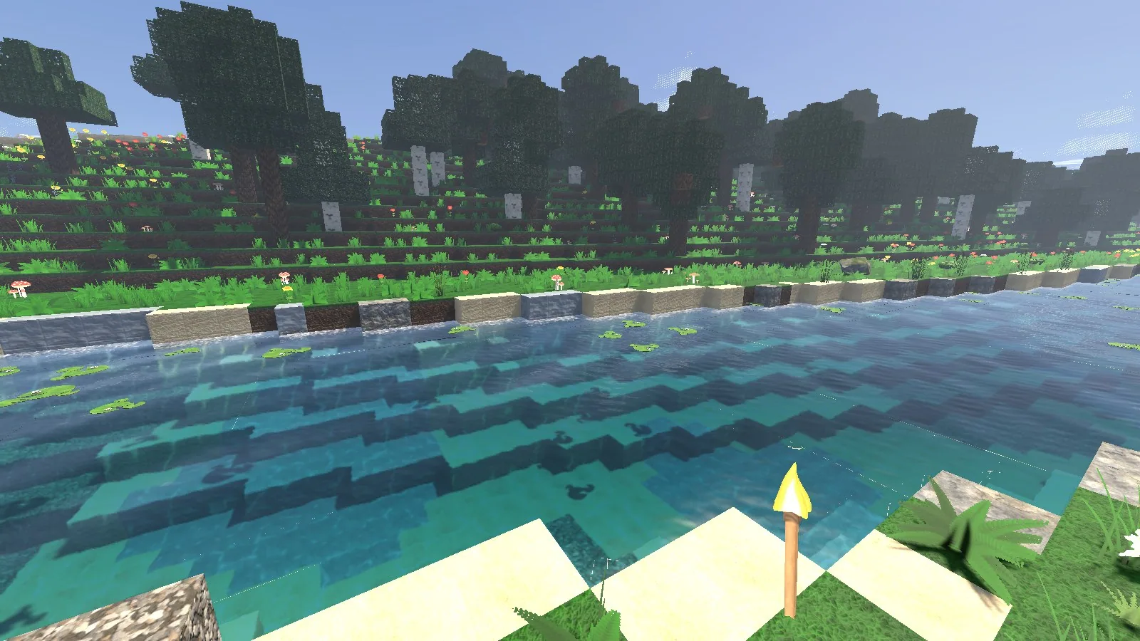 A sunlit lake with clear turquoise shallows, lily pads and a forested shore.