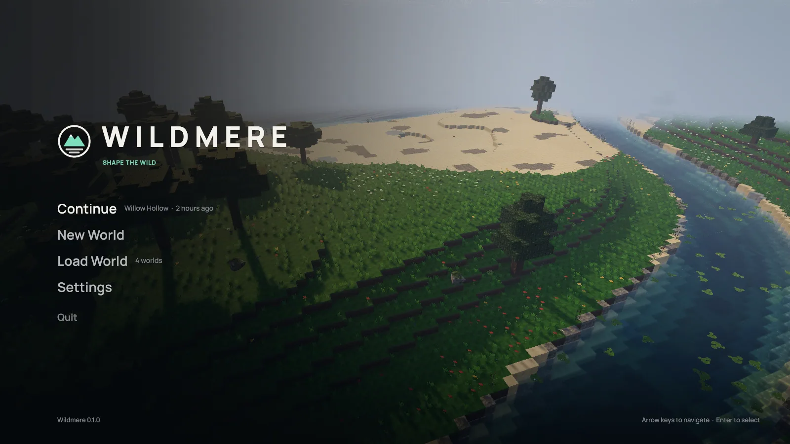 The Wildmere title screen over a live view of a river winding between forest and desert.